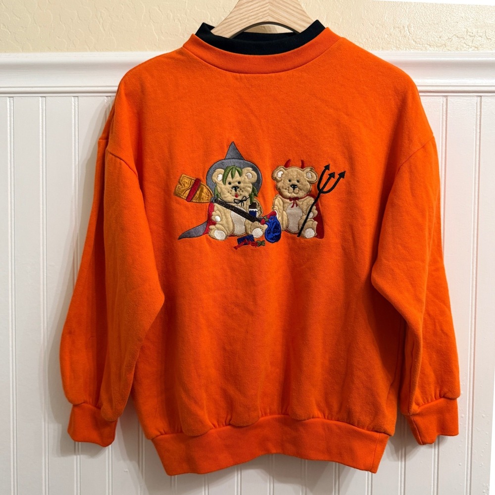 Basic Editions Vintage Women Halloween Embroidered Bear Sweatshirt, Orange, S